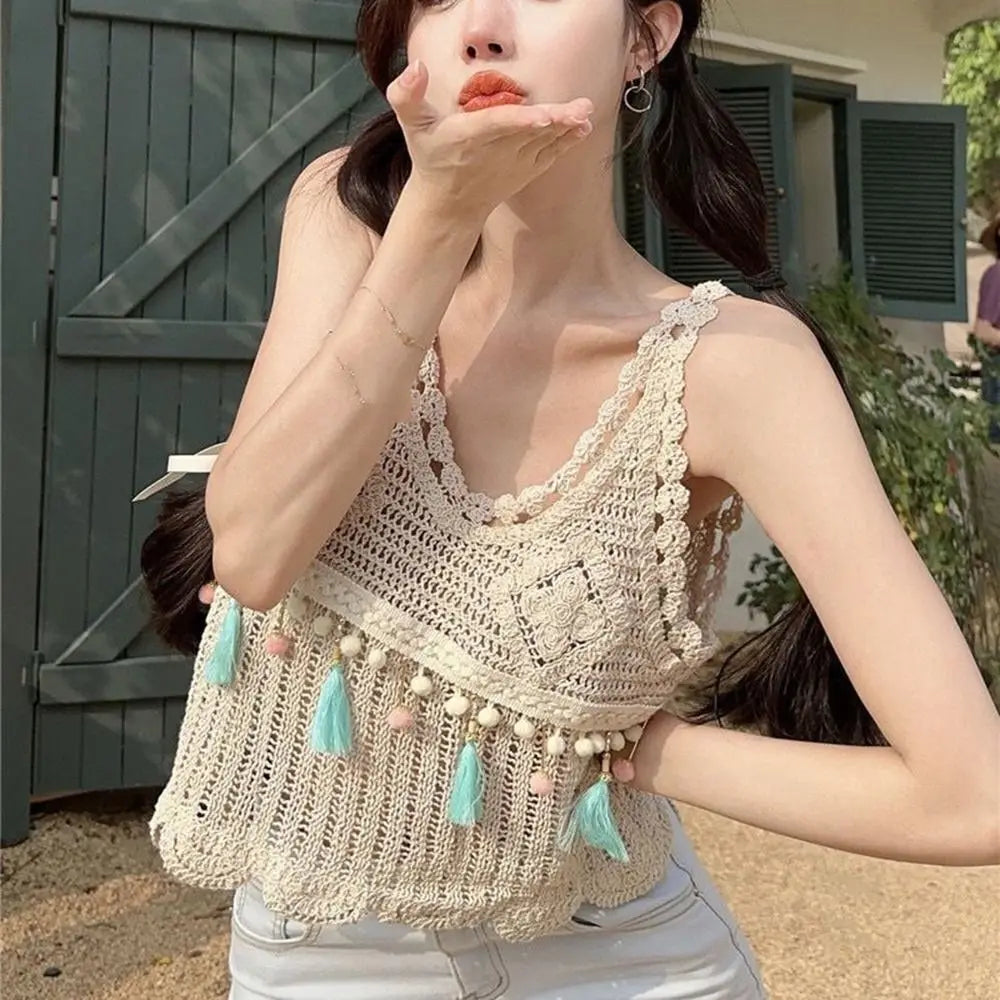 Crochet Tassel Vest Fashion Sleeveless Casual Women Vest Comfortable Solid Color Knitted Tops