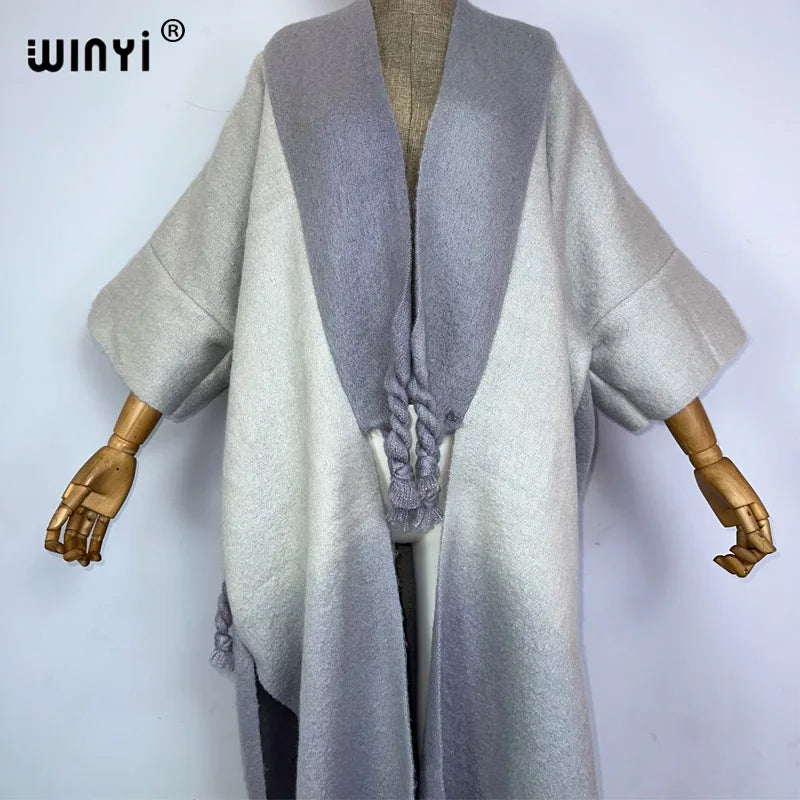 WINYI Winter Women Gradient color Luxury Fur Neutral coat Loose Thick comfortable Warm Female coat over poncho tassels jacket